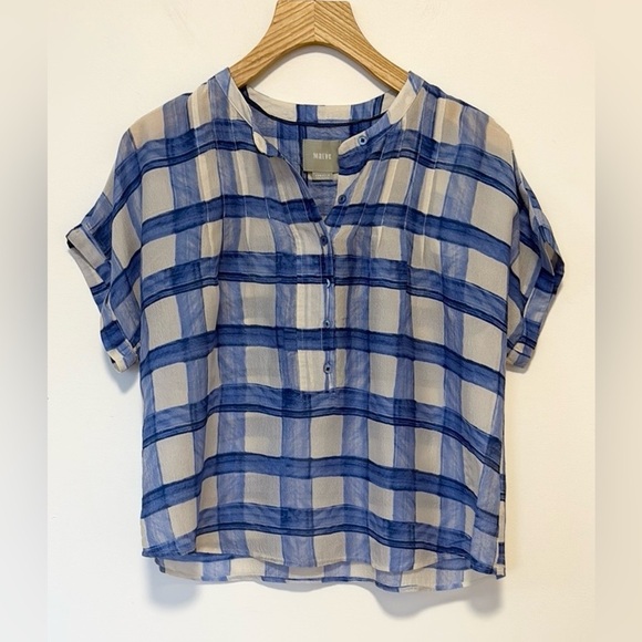Maeve Anthropologie silk Blue White Plaid Tierra Buttondown , sz : XS - Picture 4 of 11